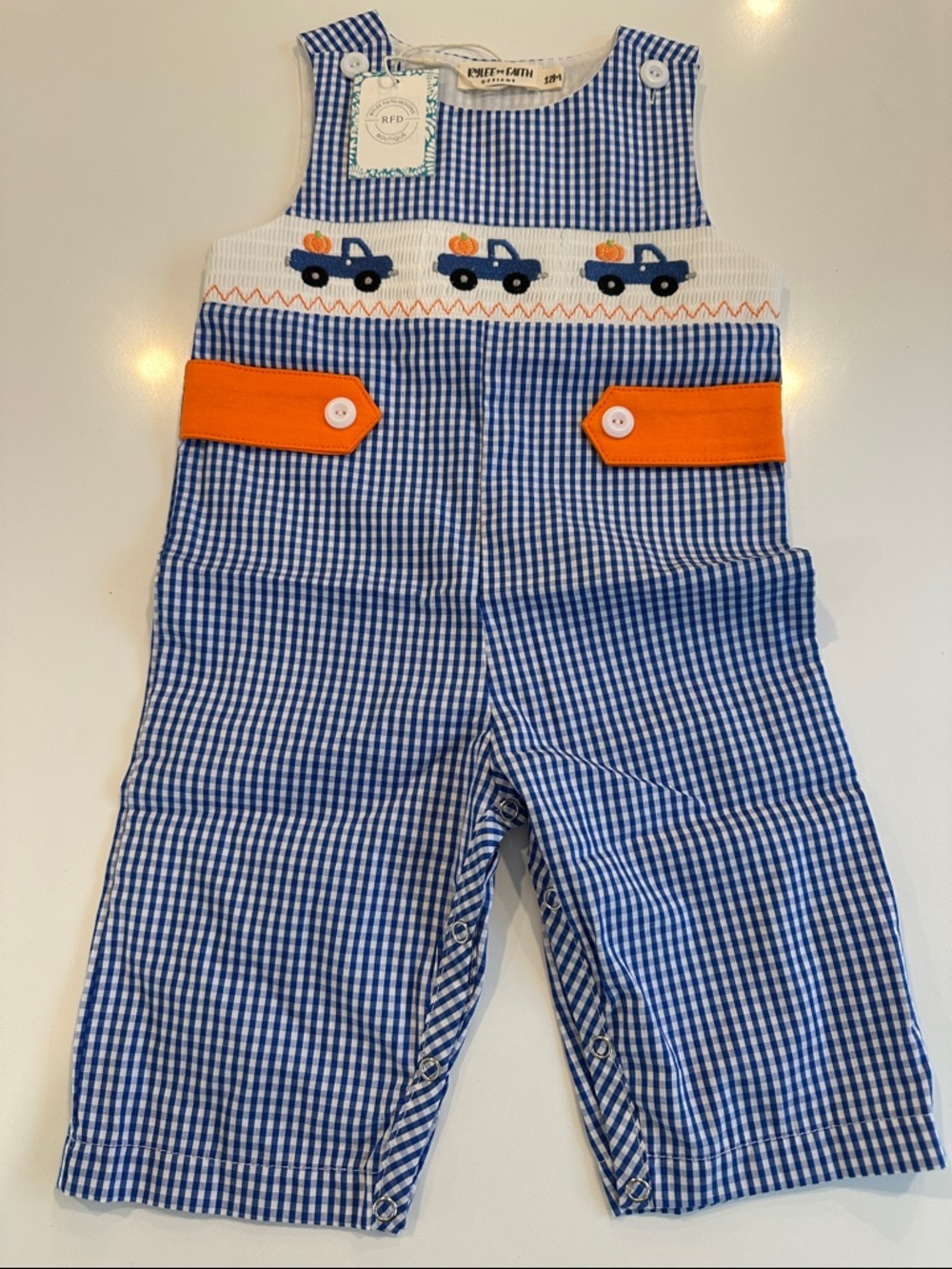 Rylee Faith Designs Blue Gingham Smocked Pumpkin Truck Fall Longall 12M NWT